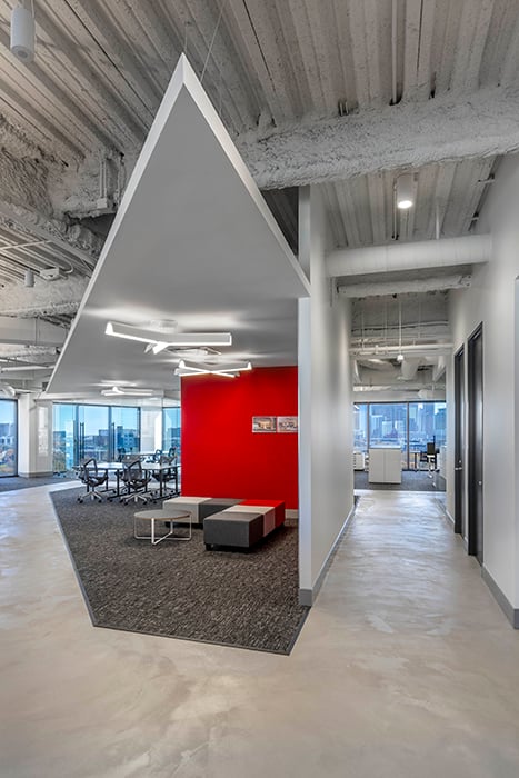 An angular architectural feature in Leo A Daly's Dallas office. Photographed by Jasmine Anwer. 