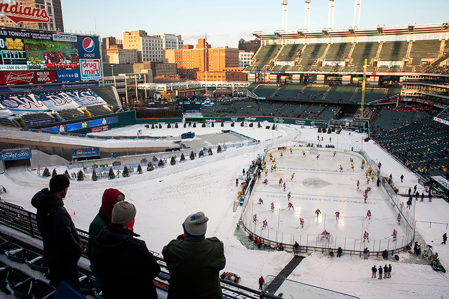 Ohio State vs University of Michigan at the Frozen Diamond Faceoff at Progressive Field in Cleveland, Ohio on January 15, 2012. Photography by Kirk Irwin. 