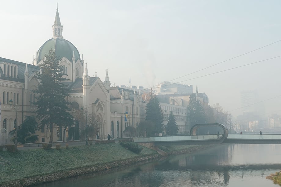 Pollution hangs in the air near Sarajevo’s Academy of Fine Arts. Photography by Nick St. Oegger. 