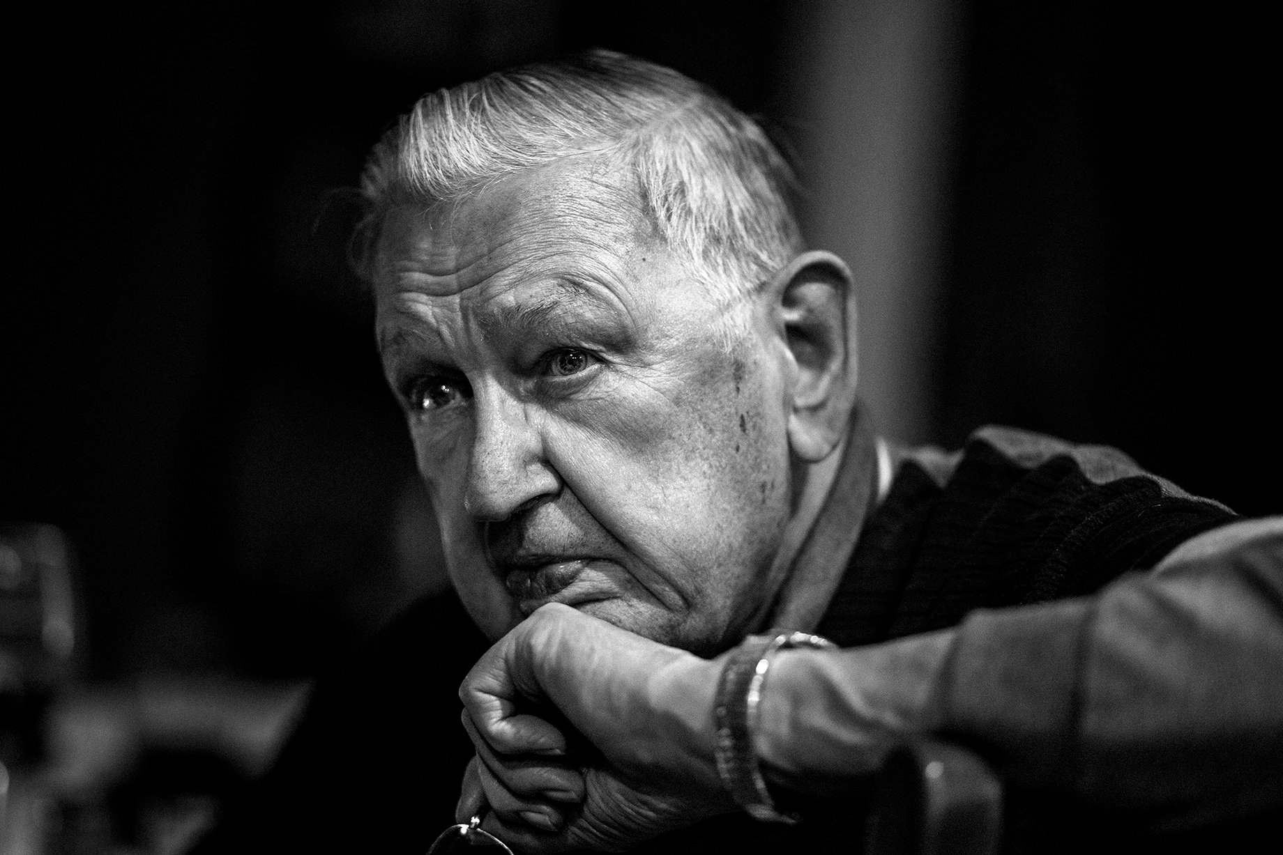 Photographer Sean Scheidt's grandfather looking away from the camera shot in black and white
