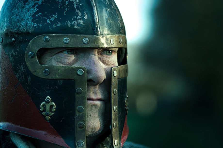 A knight wearing a helmet. Photographed by Simon Plant.