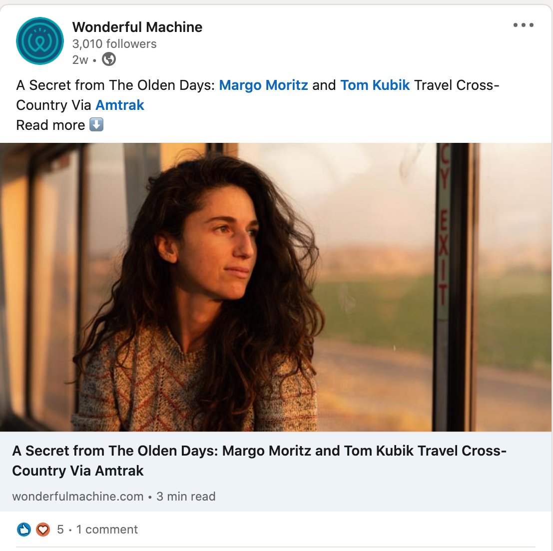 Margo Moritz's LinkedIn post about her cross country travels via train