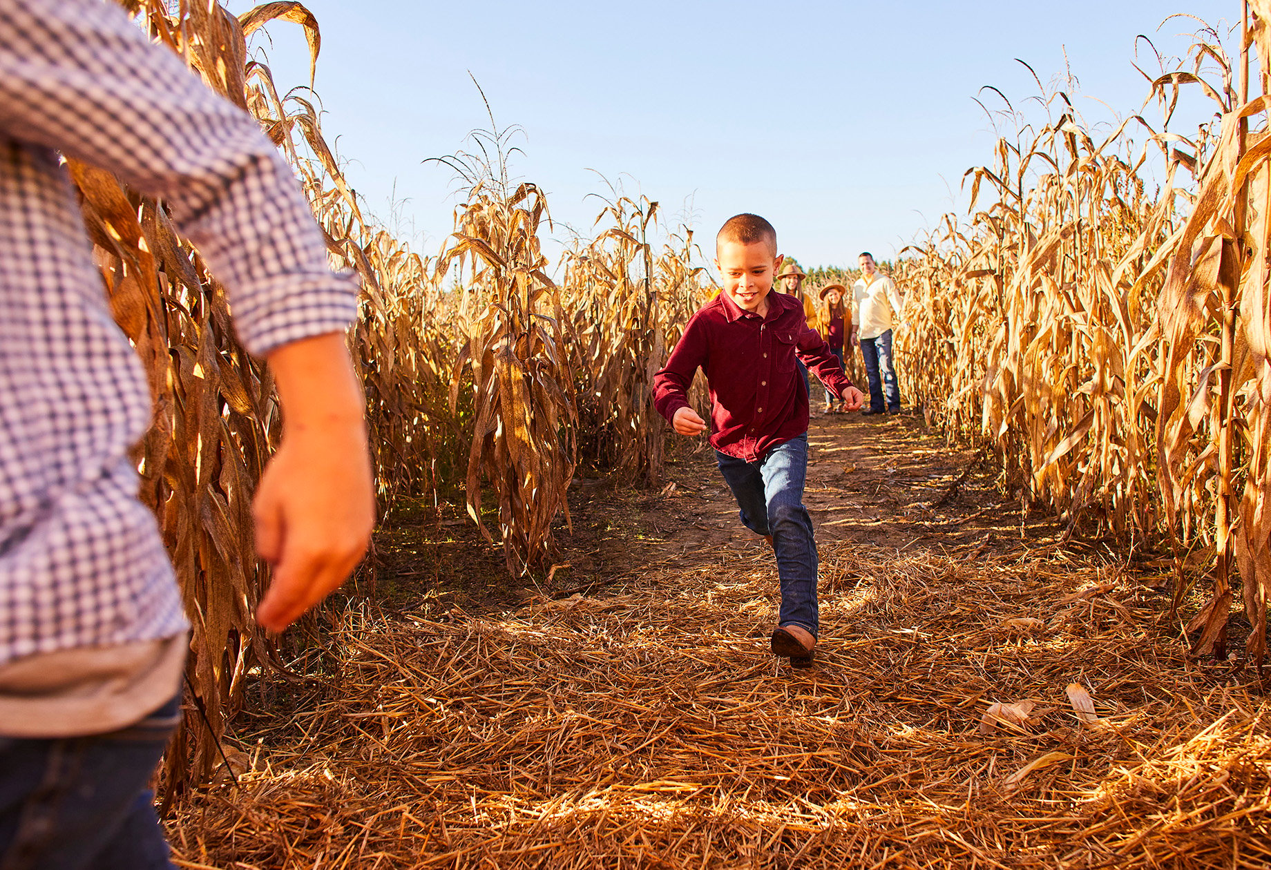 Young boy runs through corn maze shot by Tyler Darden for Virginia Living magazine.