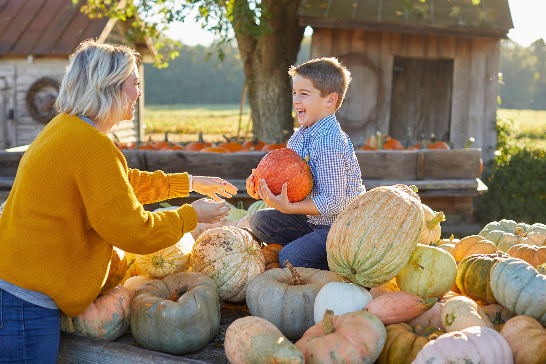 Young boy finds perfect pumpkin at Parrish Pumpkin patch in Lunenburg county, Virginia shot by Tyler Darden for Virginia Living magazine.