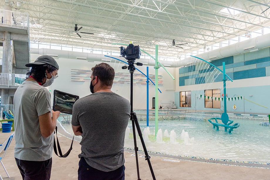 A behind-the-scenes look at Wade Griffith's shoot at Lewisville Thrive Recreation Center for Barker Rinker Seacat Architecture. Image taken by Anna Boling.