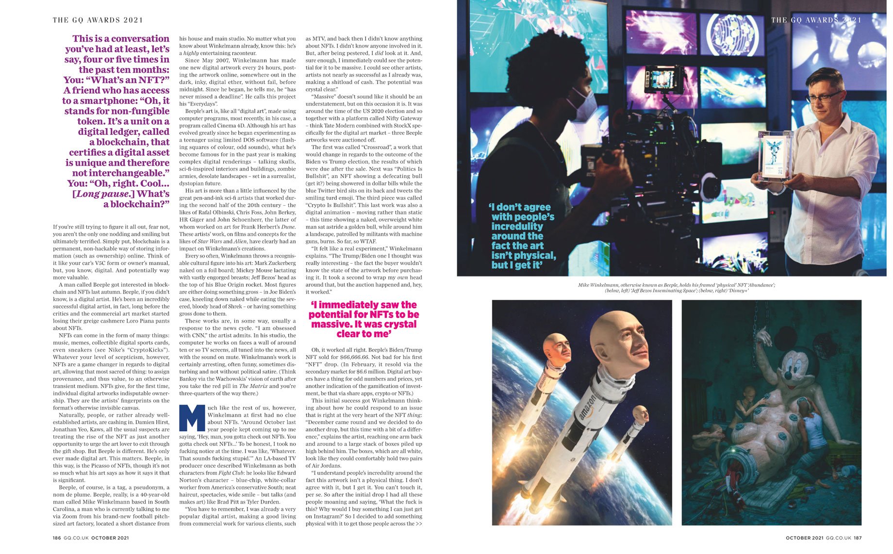 Tear sheet of British GQ article featuring artist Beeple shot by Will Crooks