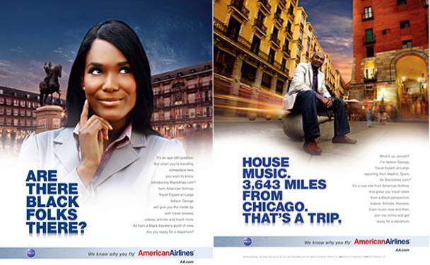 Ads for American Airlines, which focus on the African-American travel market, photo by Matthew Furman