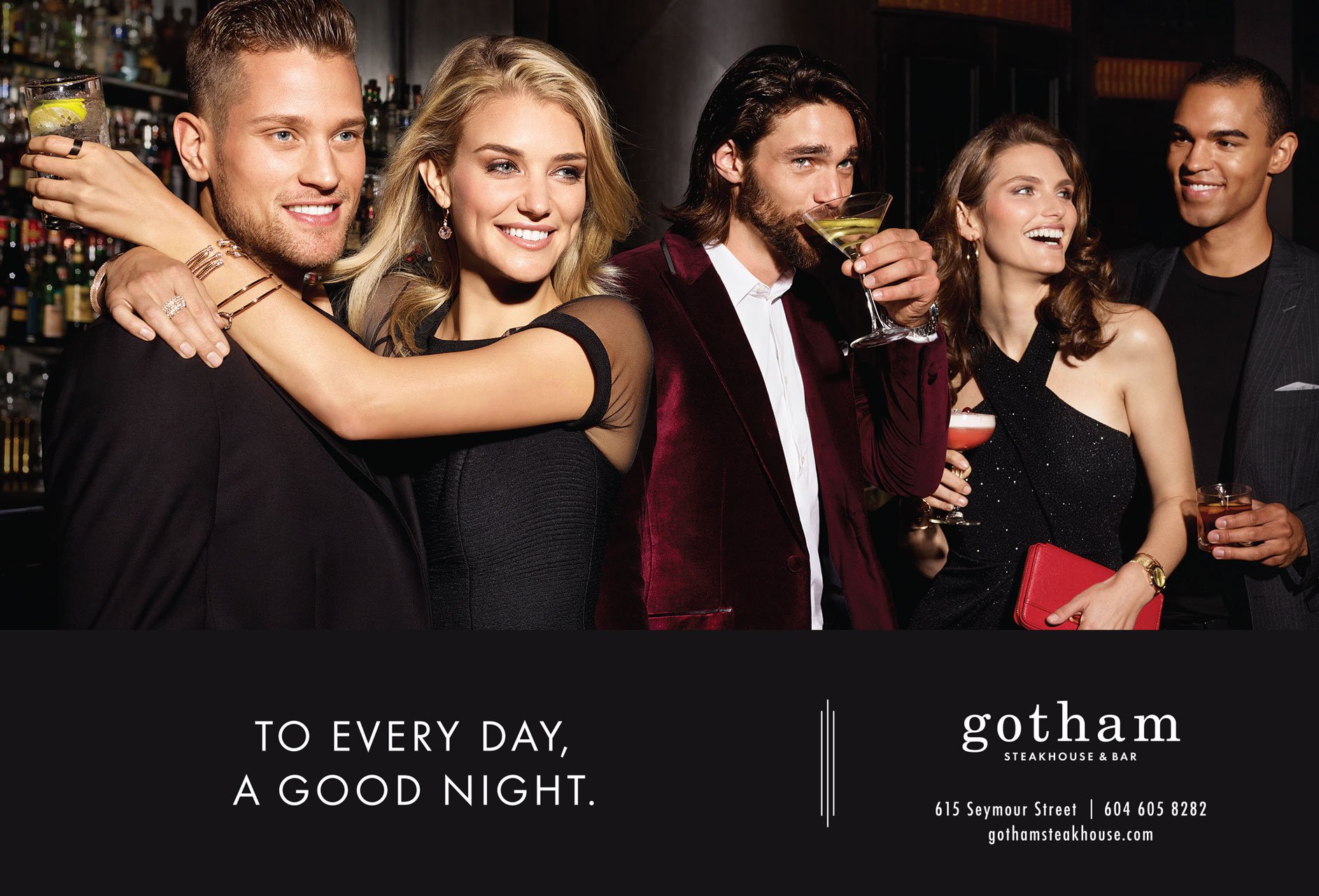 David Fierro's lifestyle image for Gotham Steakhouse & Bar, featuring happy patrons and their drinks