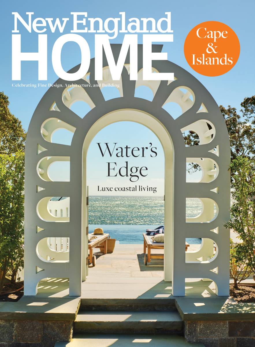 Tearsheet by Joseph Keller of an entrance-way to a pool overlooking the ocean.