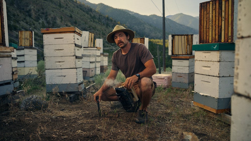 Portrait of beekeeper with smoke tool kneeling amidst hives and supers in valley, surrounded by hills, by Squamish, British Columbia-based portrait photographer Christian Tisdale. 