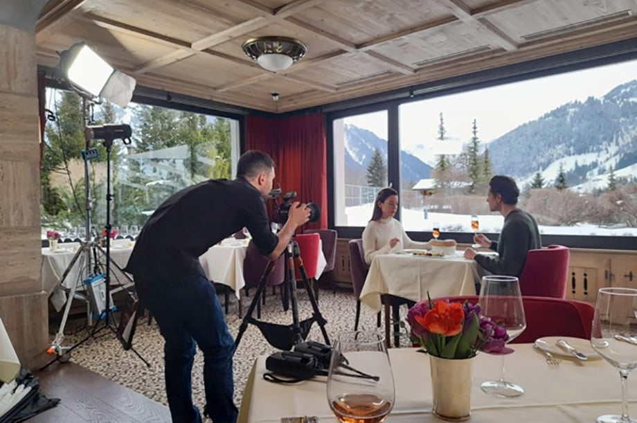 Thomas Bekker shoots stills at Swiss Gstaad Palace for Leading Hotels of the World campaign.