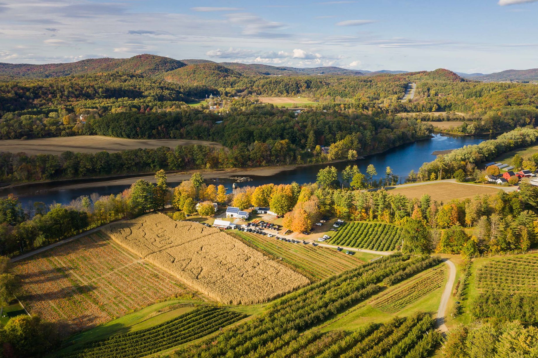 Arial shot of pumpkin patch near the Connecticut River shot by Oliver Parini for Yankee Magazine