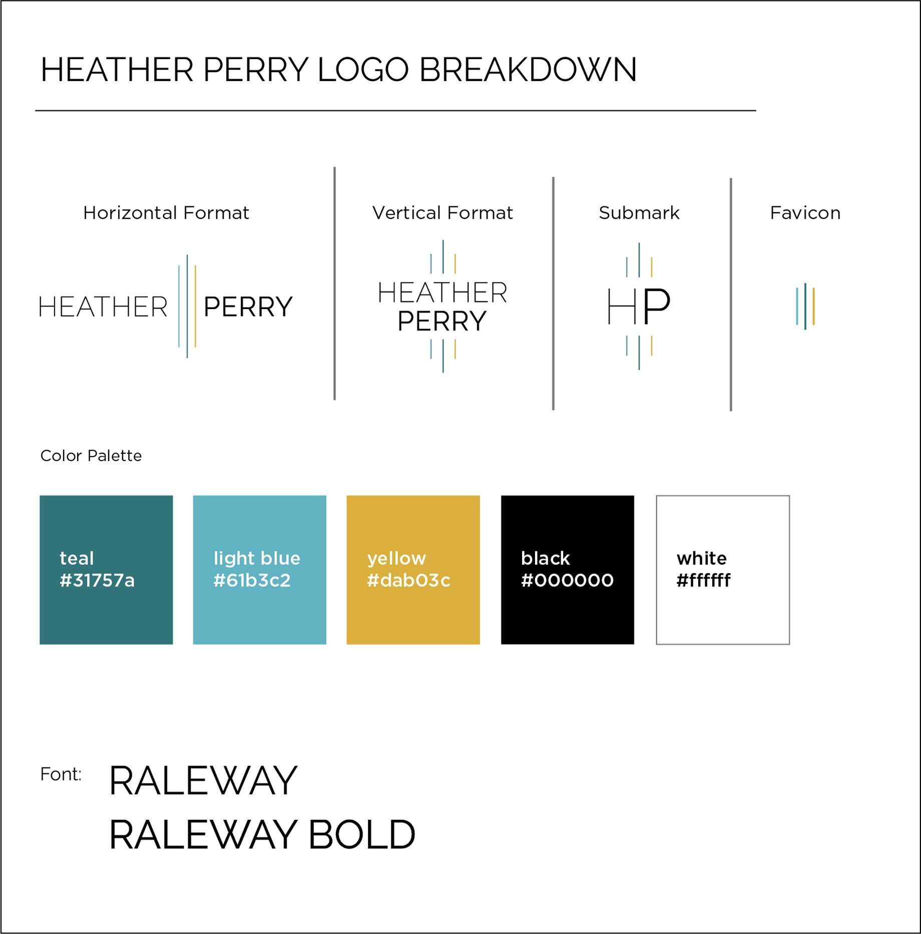 A style guide we developed for Heather Perry’s branding overhaul showing horizontal and vertical logos, a submark, favicon, the color palette, and fonts.
