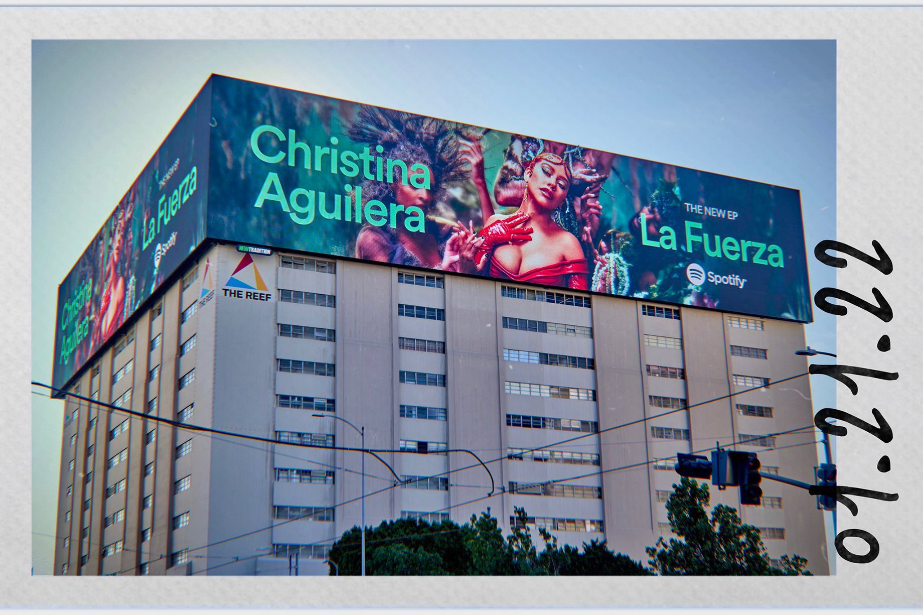 spotify billboard of christina aguilera on set of video santo shot by zoe rain for sony music us latin 