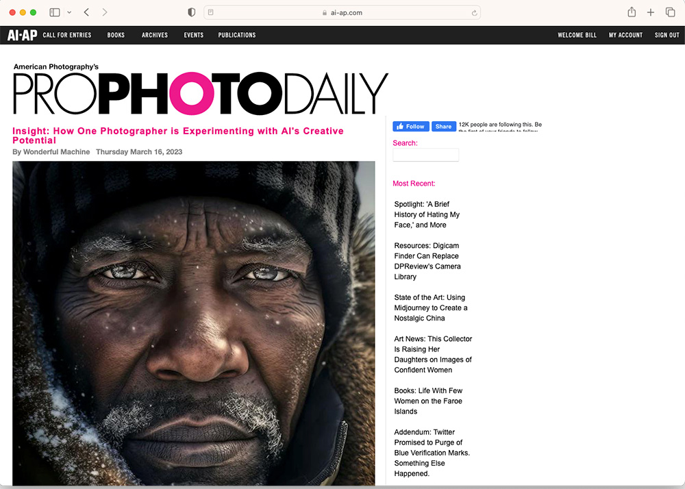 Screen shot of Pro Photo Daily's republished Wonderful Machine Photographer Spotlight article on Teri Campbell's work with ai.