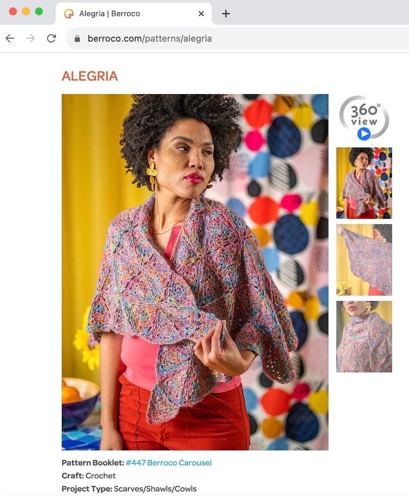 Tearsheet of talent in hand-knit shawl, posed stylishly in front of colorful background, by Branford, Connecticut-based fashion photographer Gale Zucker. 