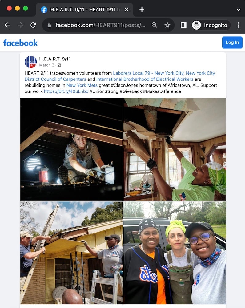 Tearsheet tiled photos from HEART 9/11 Facebook post of volunteers in Africatown, by Mobile, Alabama-based conflict/crisis and humanitarian photographer Dan Anderson.