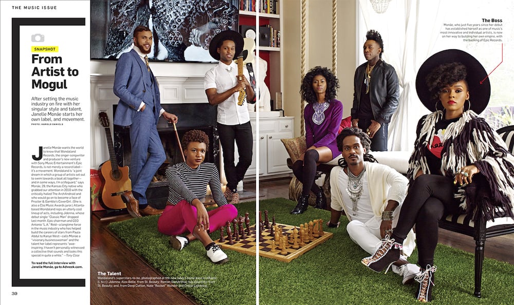 Magazine spread of stylish group of musicians gather in living room around a chessboard, by Atlanta-based photographer Harold Daniels.