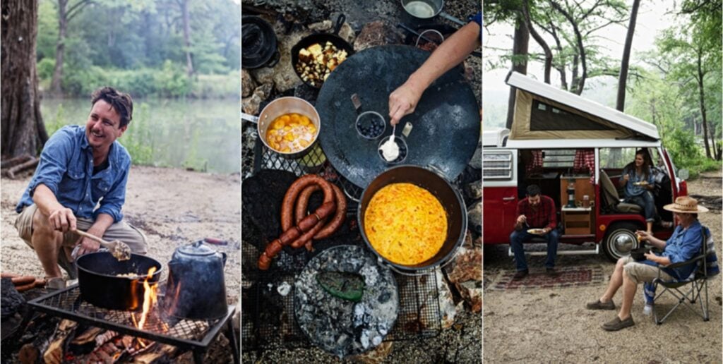 A triptych of images shot by Jody Horton of a camping cooking scene. 