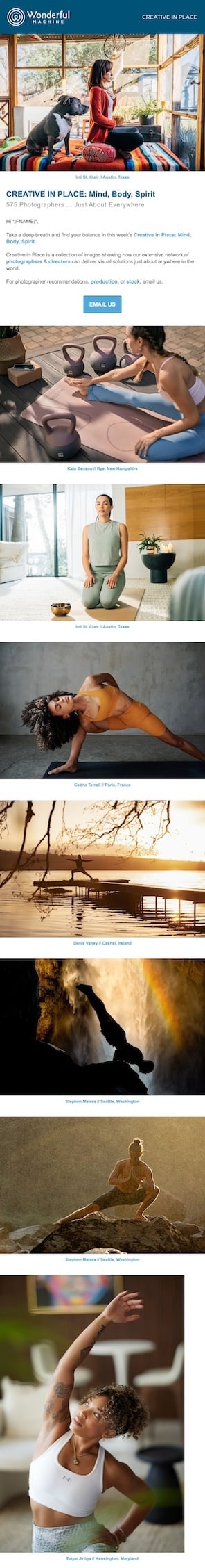 A screenshot of our yoga photography emailer - Creative in Place: Mind, Body, Spirit.