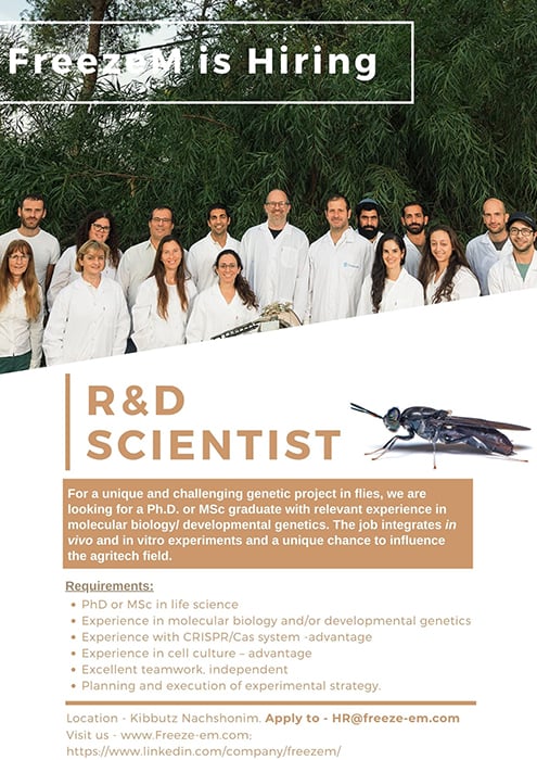 A poster calling for new hires featuring an environmental portrait of the scientists and a macro image of the BSF, both by Ronen Goldman