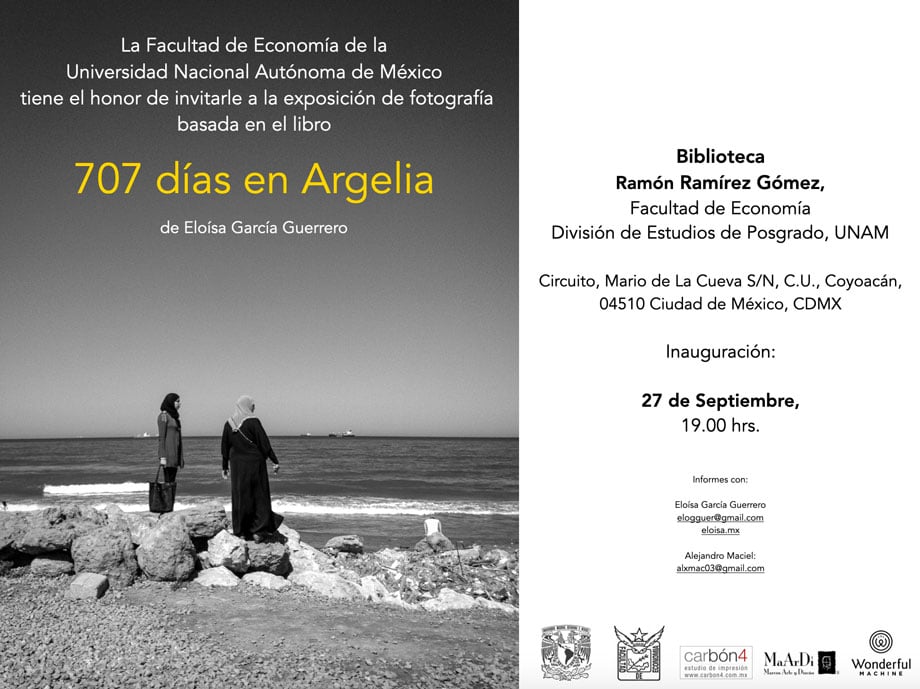 Invitation designed by UNAM for Elo Garcia's 707 days in Algeria exhibition.