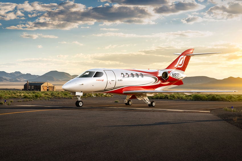 Braxton Wilhelmsen's photo of the Syberjet SJ30 in profile against a sunset over mountains
