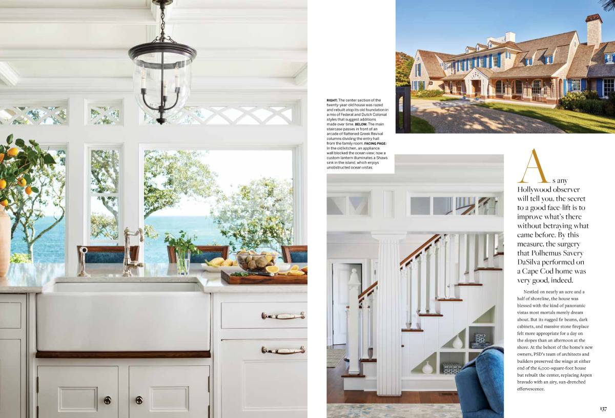 Tearsheet featuring interior and exterior shots of the kitchen, stairwell, and a full shot of thew house outside.