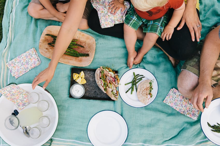 Photo showing a joyous family gathering on a vibrant picnic blanket. Photo by Elizabeth Cecil.