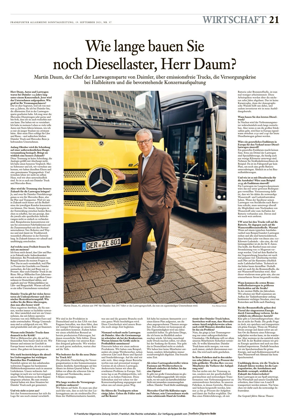 Tearsheet featuring a photo by Michael Schulz of Daimler Truck CEO Martin Daum.