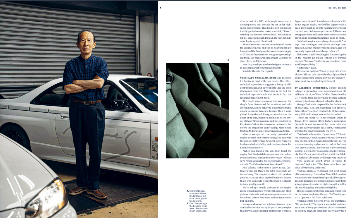 Tearsheet by William Crooks of the founder of Mine's Shop standing in front of a GT-R.