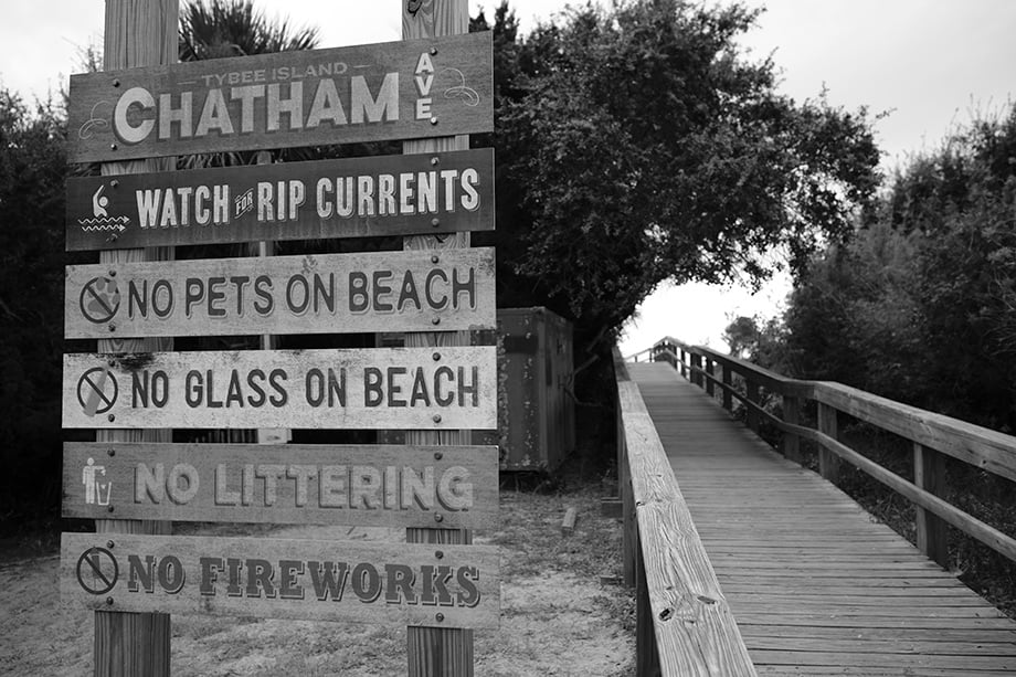 Tybee Island in Savannah, Georgia boardwalk sign. 