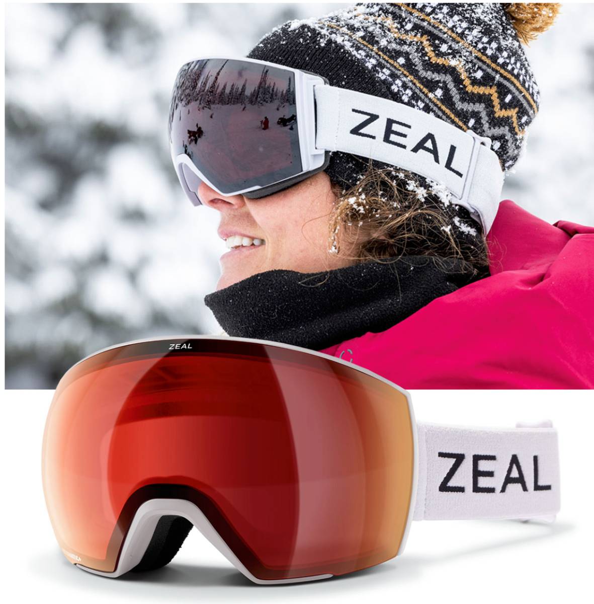 Tearsheet of an athlete sporting Zeal Optics goggles.