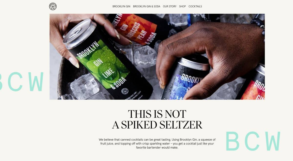 Tearsheet by Michael Marquand featuring an image of hands reaching into a bucket of ice and grabbing Brooklyn Gin canned cocktails.