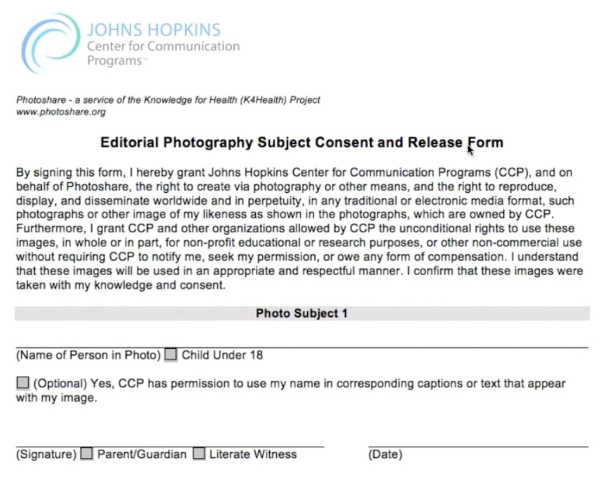An example of a consent and release form by Johns Hopkins Center for Communication Programs. 