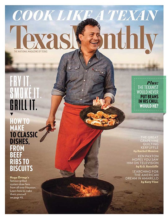 A lifestyle image of Hugo Ortega and his famous grilled oysters shot by Jody Horton for the cover of Texas Monthly magazine