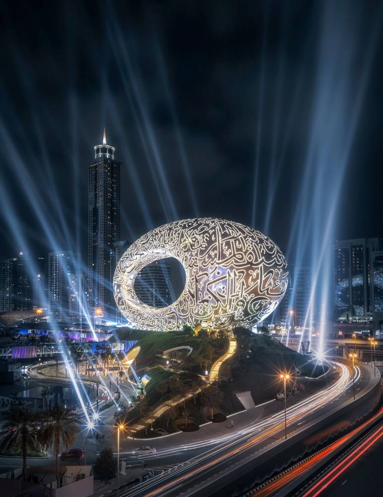 Ahmad Alnaji's color time lapse photo of The Museum of the Future in Dubai. 