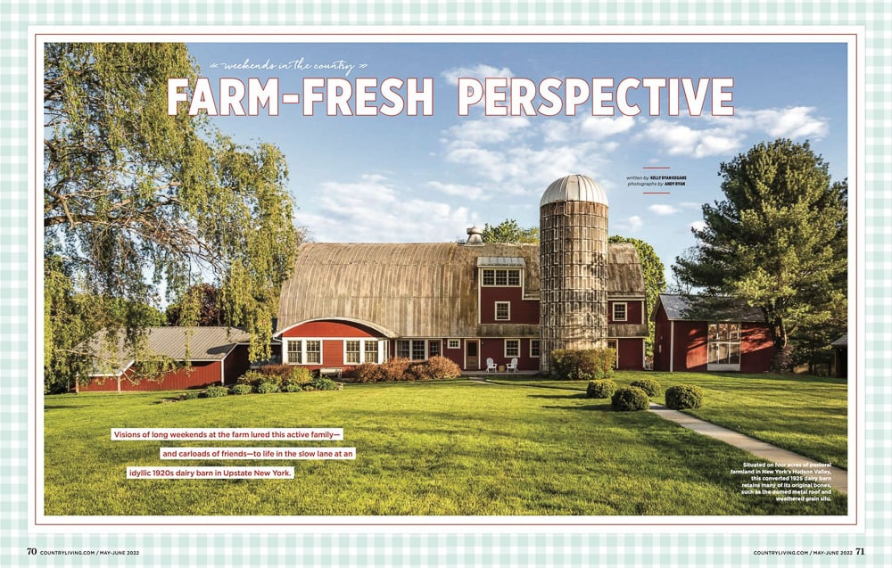 Country Living May-June 2022 tearsheet featuring a photo of a 1920s converted dairy barn taken by Andy Ryan. 