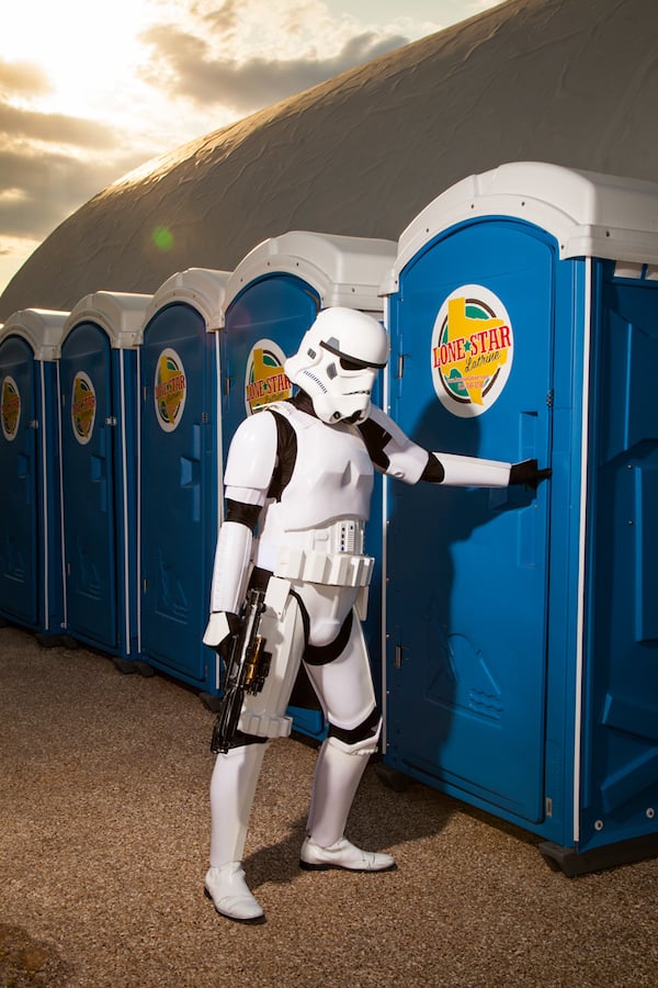 Portrait of a stormtrooper entering a portable toilet by Cefnpennar, United Kingdom-based photographer Simon Ridgway. 