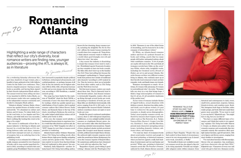 This tearsheet from Atlanta Magazine features a striking portrait of a romance writer, DL White.