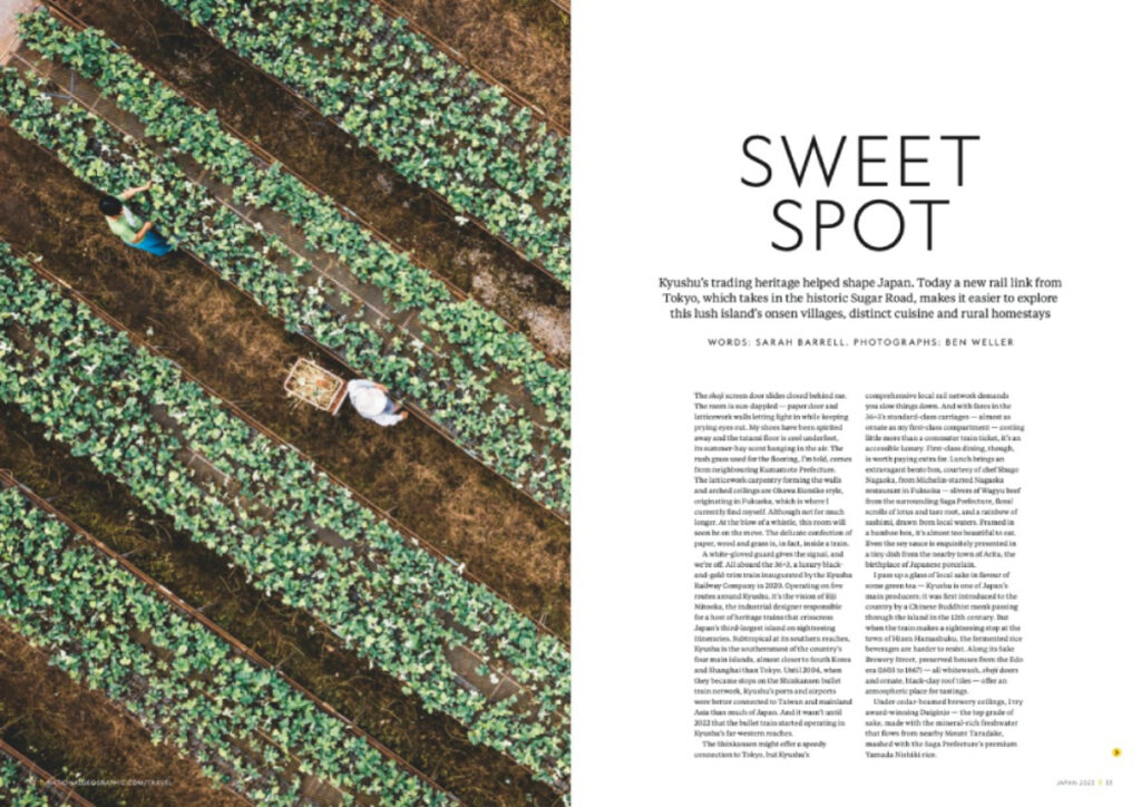 Tear sheet of an engaging top-down perspective which frames the Matsuo family diligently tending to their strawberry field in Minamishimabara, shot by Ben Weller.