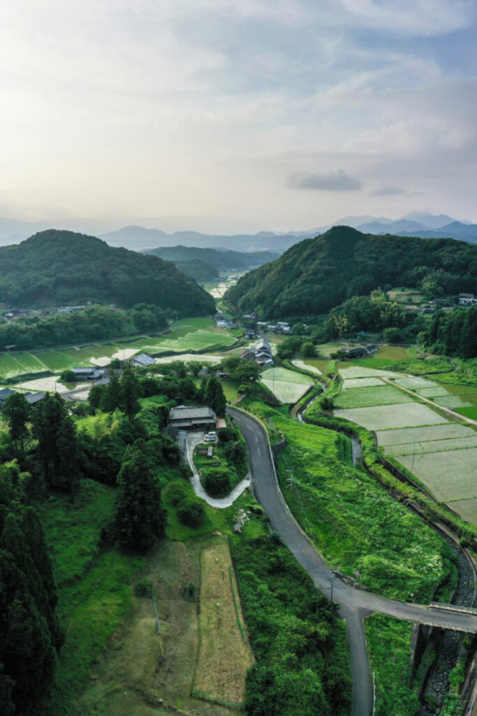 A mesmerizing aerial view captures the scenic expanse along the Sugar Road in Japan, revealing lush green fields that stretch as far as the eye can see. The vibrant landscape unfolds beneath, creating a picturesque tapestry of nature along this iconic route.