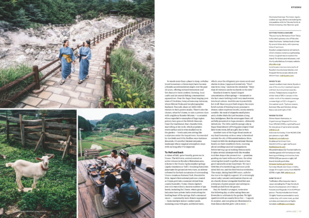A compelling tear sheet showcases Ben Weller's captivating photography for Natgeo Traveller featuring the Takuma family's goats bleating for dinner around the irori, a sunken hearth fostering familial gatherings. Another frame captures the Takuma family dining outdoors, immersed in their cultural practices. Additionally, two women leisurely stroll through the surreal Unzen Jigoku, or 'Unzen Hell,' a collection of natural sulfur springs in Nagasaki Prefecture. 
