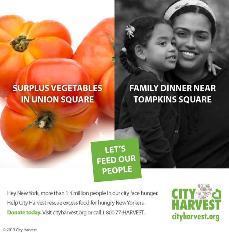 Composite image of a woman and child next to some heirloom tomatoes. Overlayed with text advertising for City Harvest. Images by Benjamin Norman.
