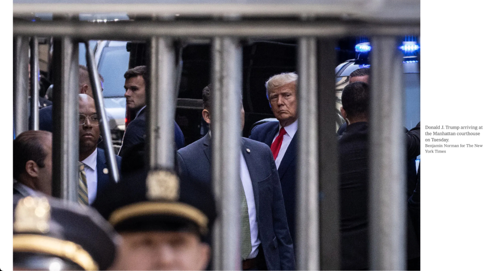 Tear sheet of former President Donald J Trump in red tie, leaving arraignment trial, by New York City-based breaking news photographer Benjamin Norman.