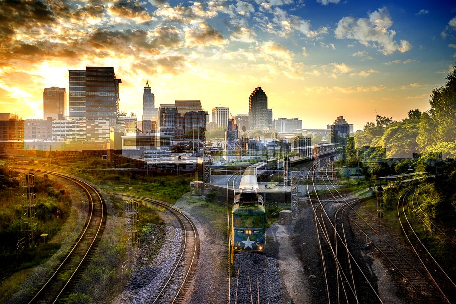 Double exposed photo of Raleigh's skyline taken by Bryan Regan. 
