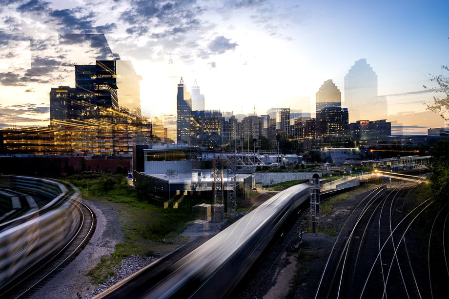 Double exposure photo of Raleigh's skyline taken by Bryan Regan. 
