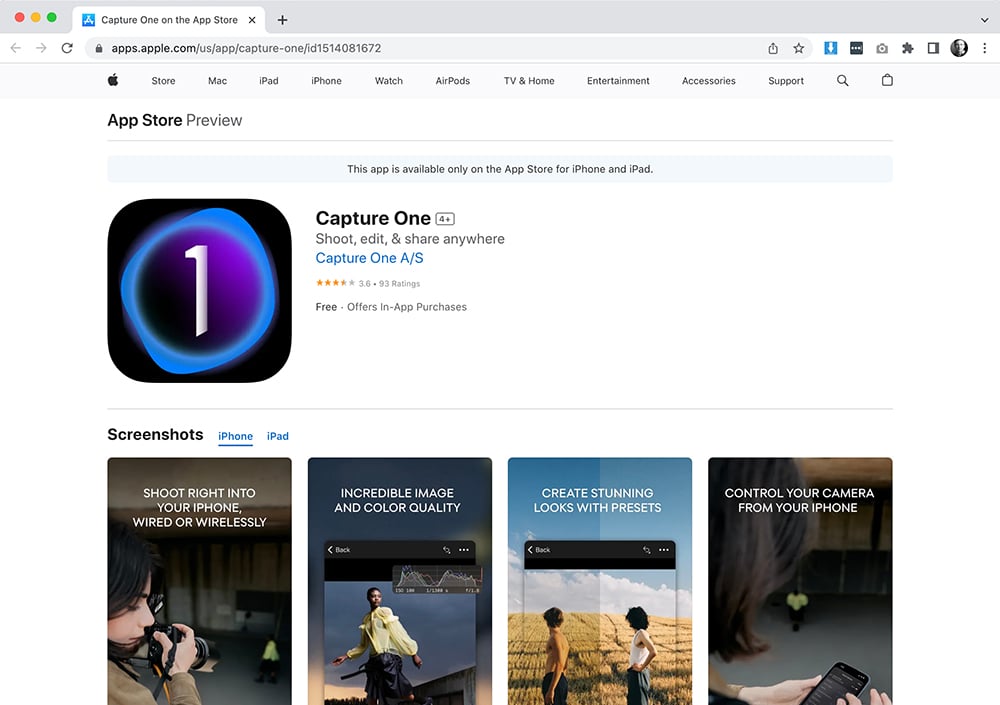 a preview of Capture one mobile app  shown in the app store