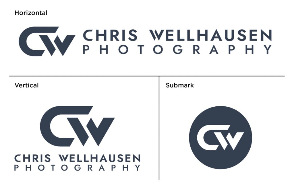 Three different forms of Chris Wellhausens' new logo.