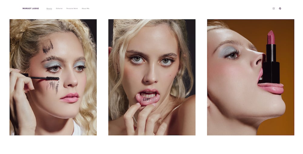 A screenshot from Margot's website after Karen helped her tighten her edits. This shows Karen's talent as a beauty and editorial photographer with a tryptych of a woman posing in different ways with different makeup and products.